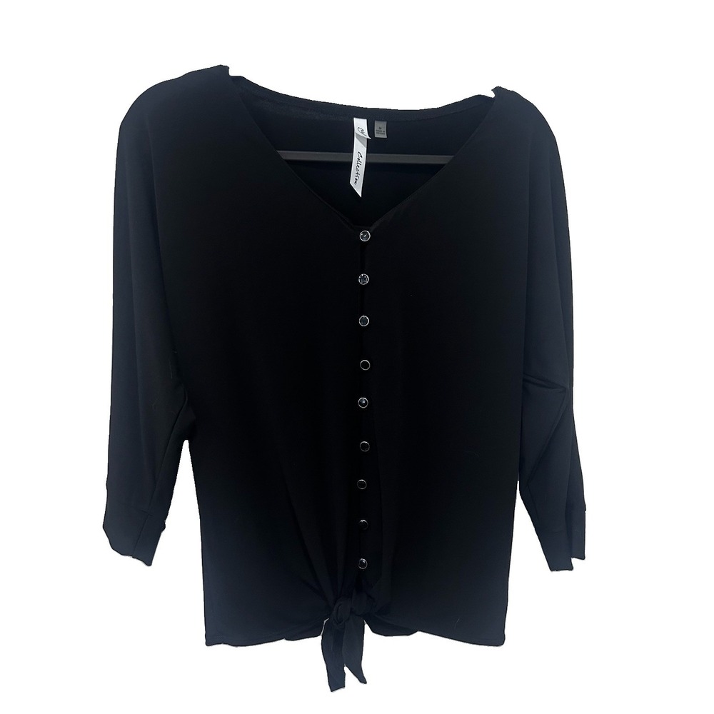 NY Collection Women Medium Black V-Neck Gold Button-Up Tie Front 3/4 Sleeve Top